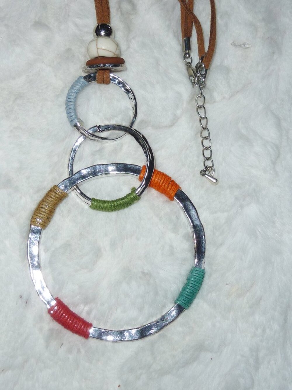 Mint Long Necklace With Extender 3 Silver Tone Circles and Pop of Color Unique!